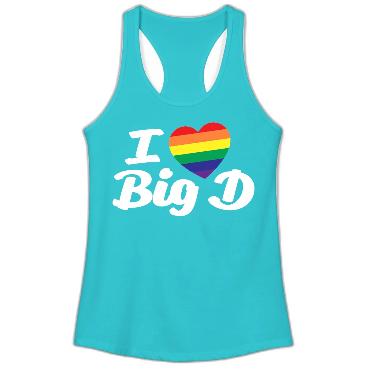 Big D pride love design with rainbow-striped heart and white text on gray background in Solid Tahiti Blue