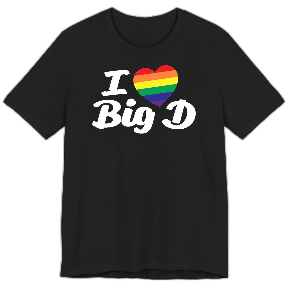 Big D pride love design with rainbow-striped heart and white text on gray background in Black