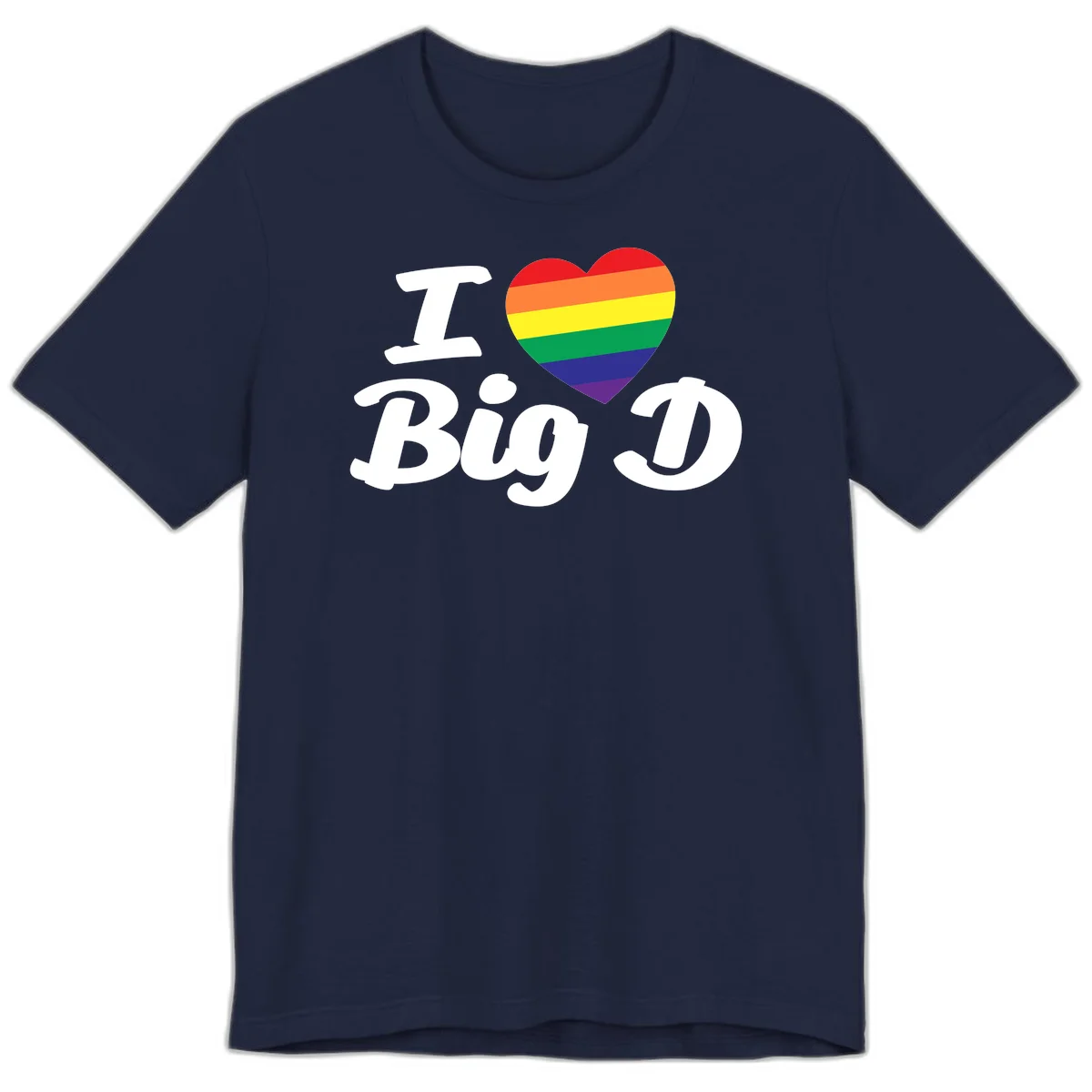 Big D pride love design with rainbow-striped heart and white text on gray background in Navy