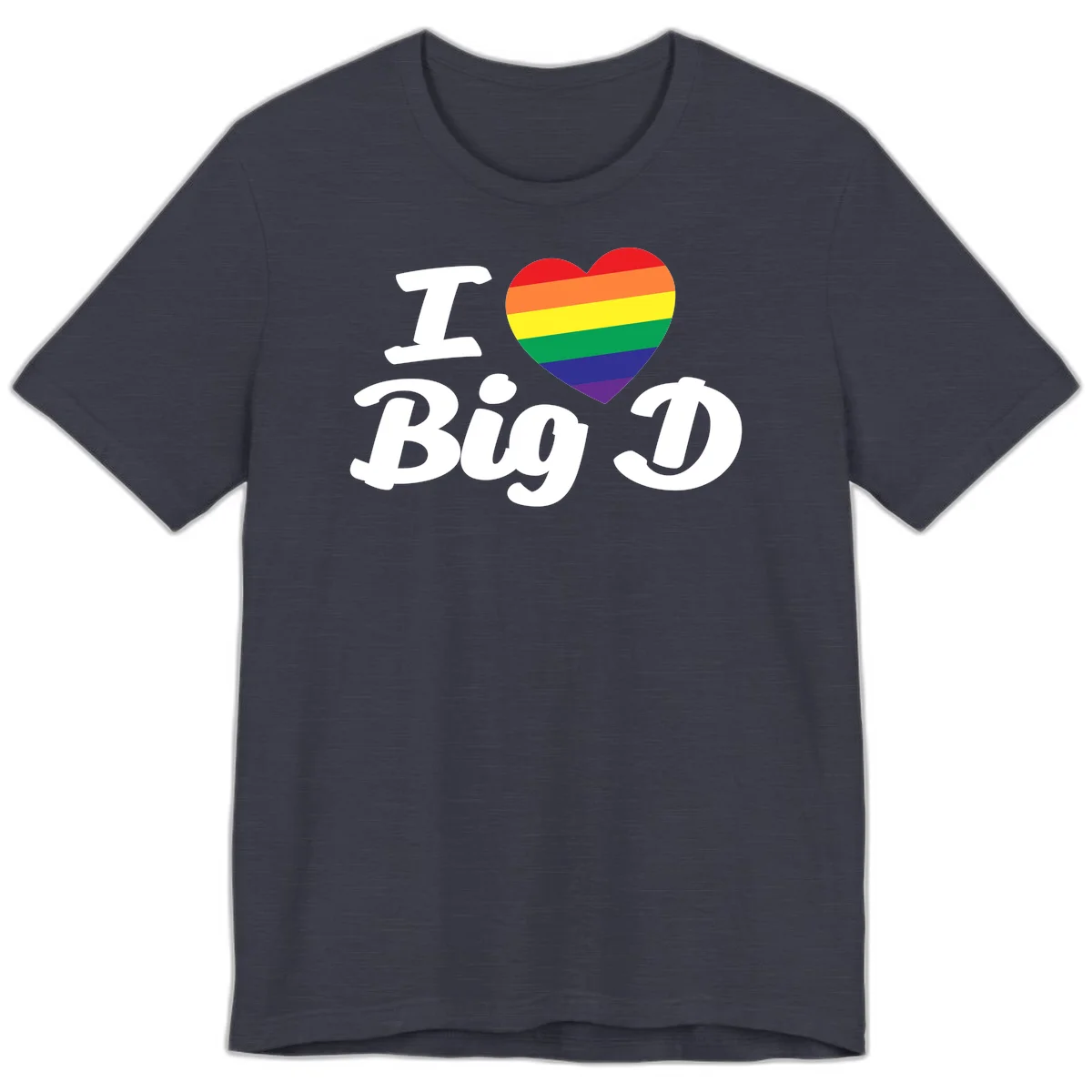 Big D pride love design with rainbow-striped heart and white text on gray background in Heather Midnight Navy