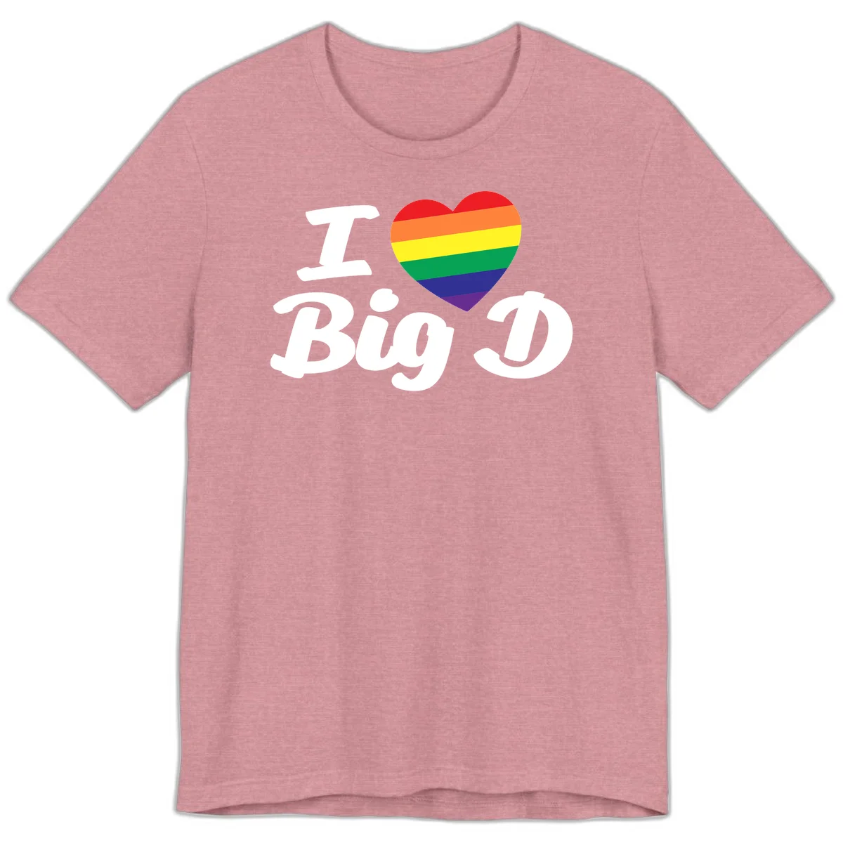 Big D pride love design with rainbow-striped heart and white text on gray background in Heather Orchid