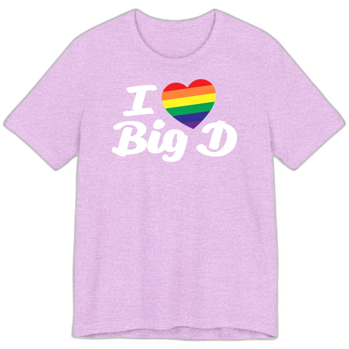 Big D pride love design with rainbow-striped heart and white text on gray background in Heather Prism Lilac