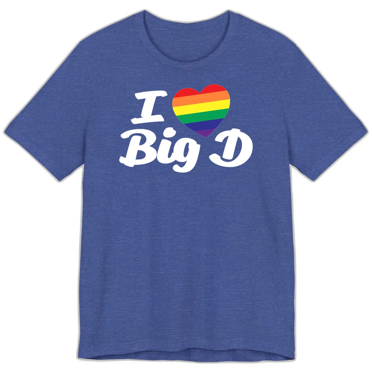 Big D pride love design with rainbow-striped heart and white text on gray background in Heather True Royal