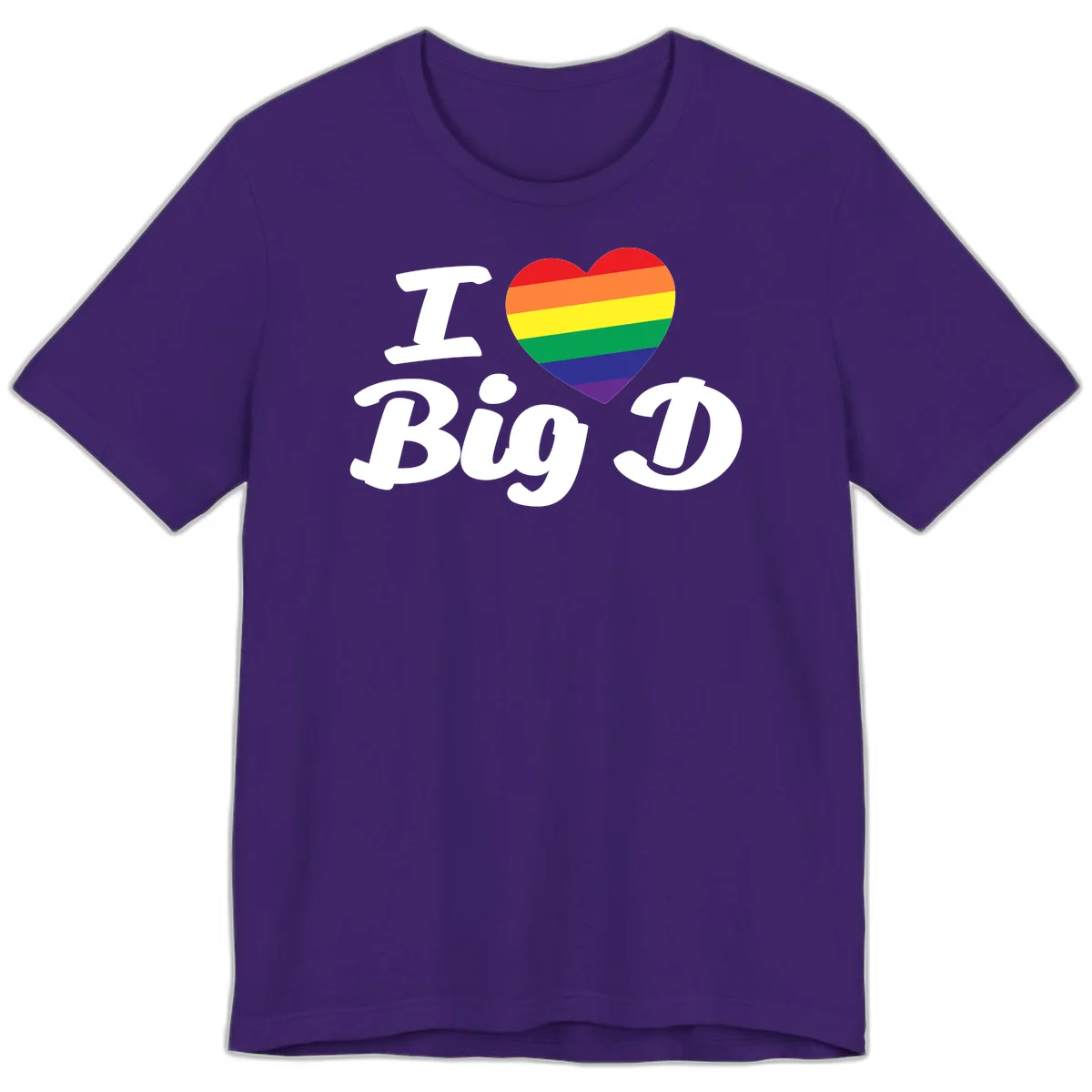 Big D pride love design with rainbow-striped heart and white text on gray background in Team Purple