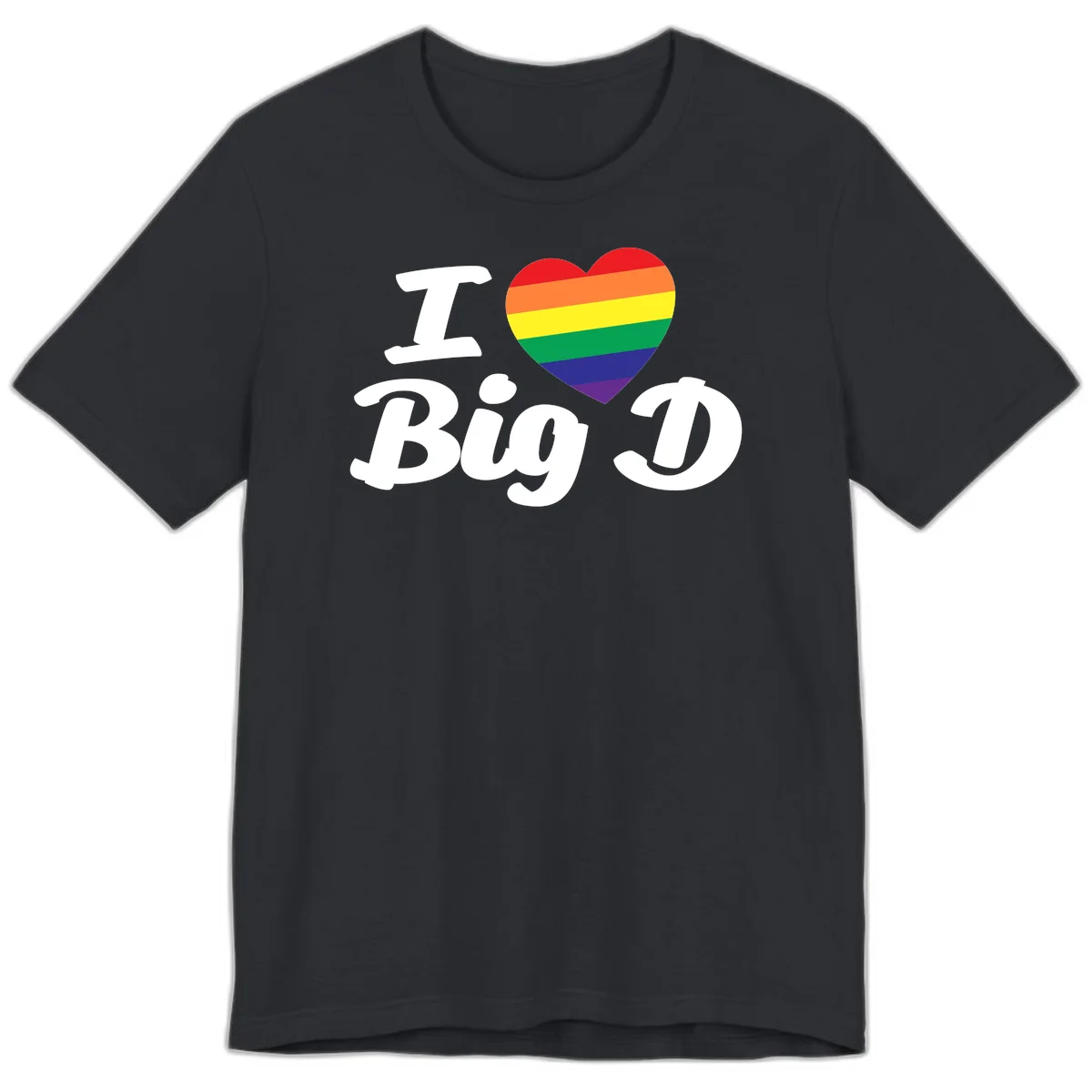 Big D pride love design with rainbow-striped heart and white text on gray background in Vintage Black