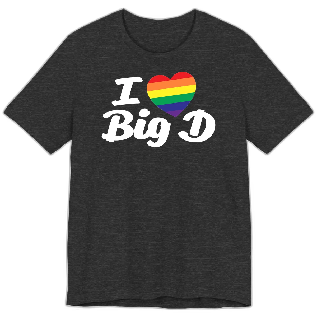 Big D pride love design with rainbow-striped heart and white text on gray background in Dark Grey Heather