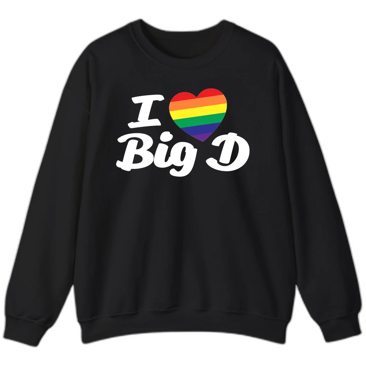 Big D pride love design with rainbow-striped heart and white text on gray background in Black
