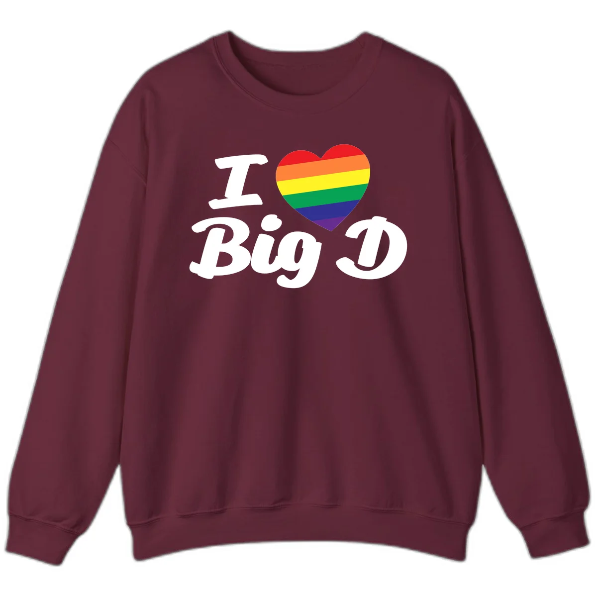 Big D pride love design with rainbow-striped heart and white text on gray background in Maroon
