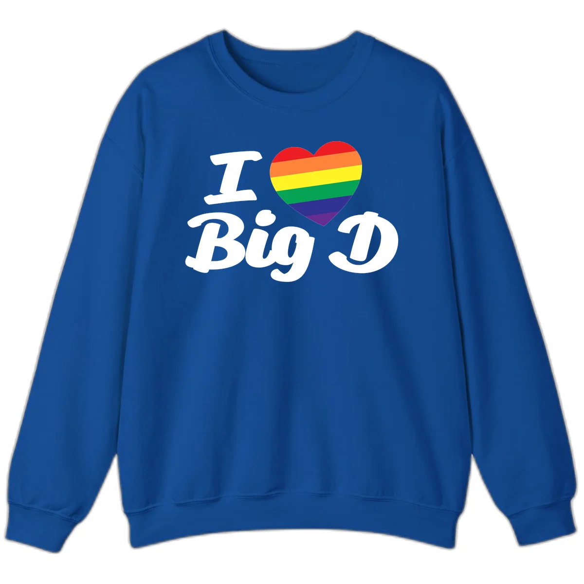Big D pride love design with rainbow-striped heart and white text on gray background in Royal