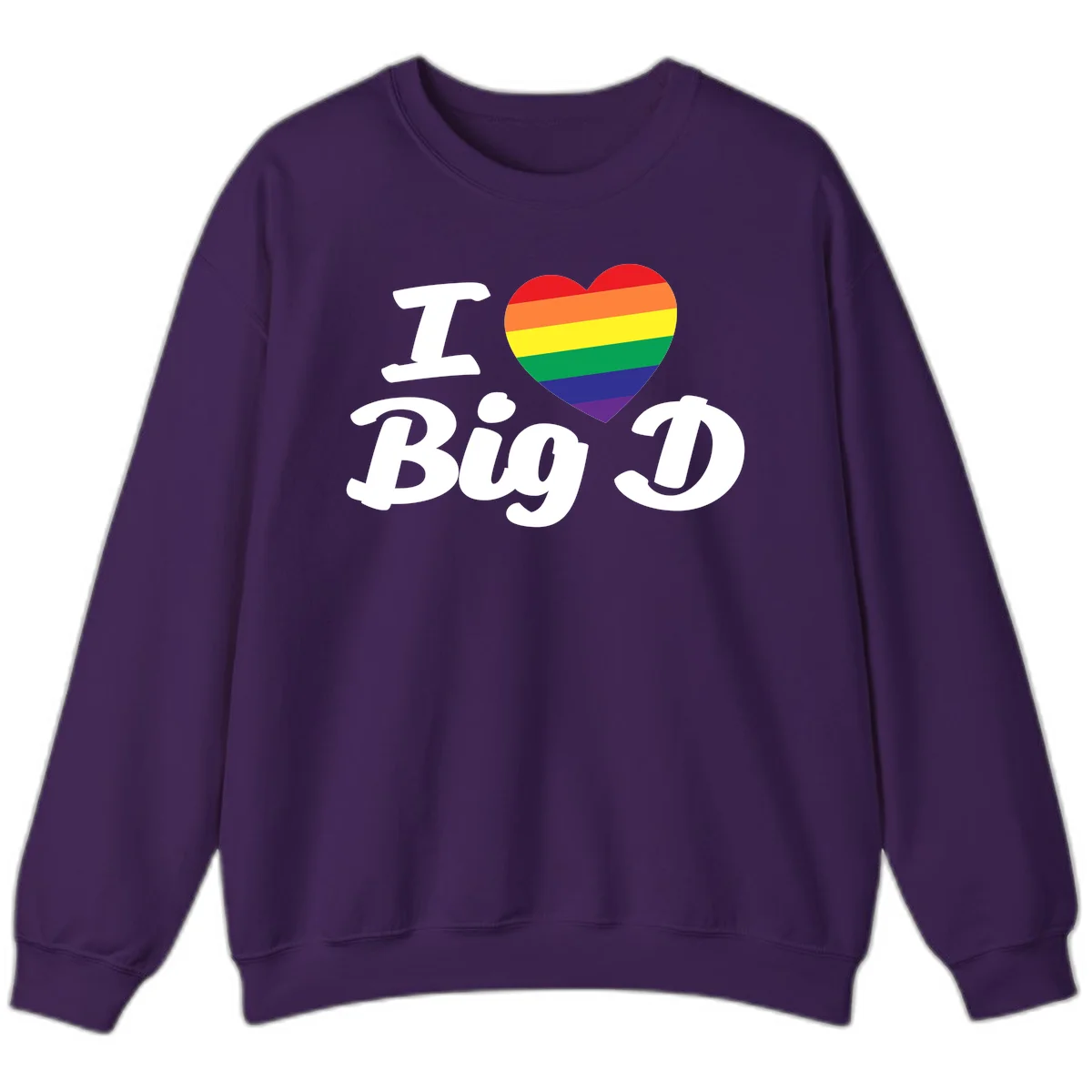 Big D pride love design with rainbow-striped heart and white text on gray background in Purple