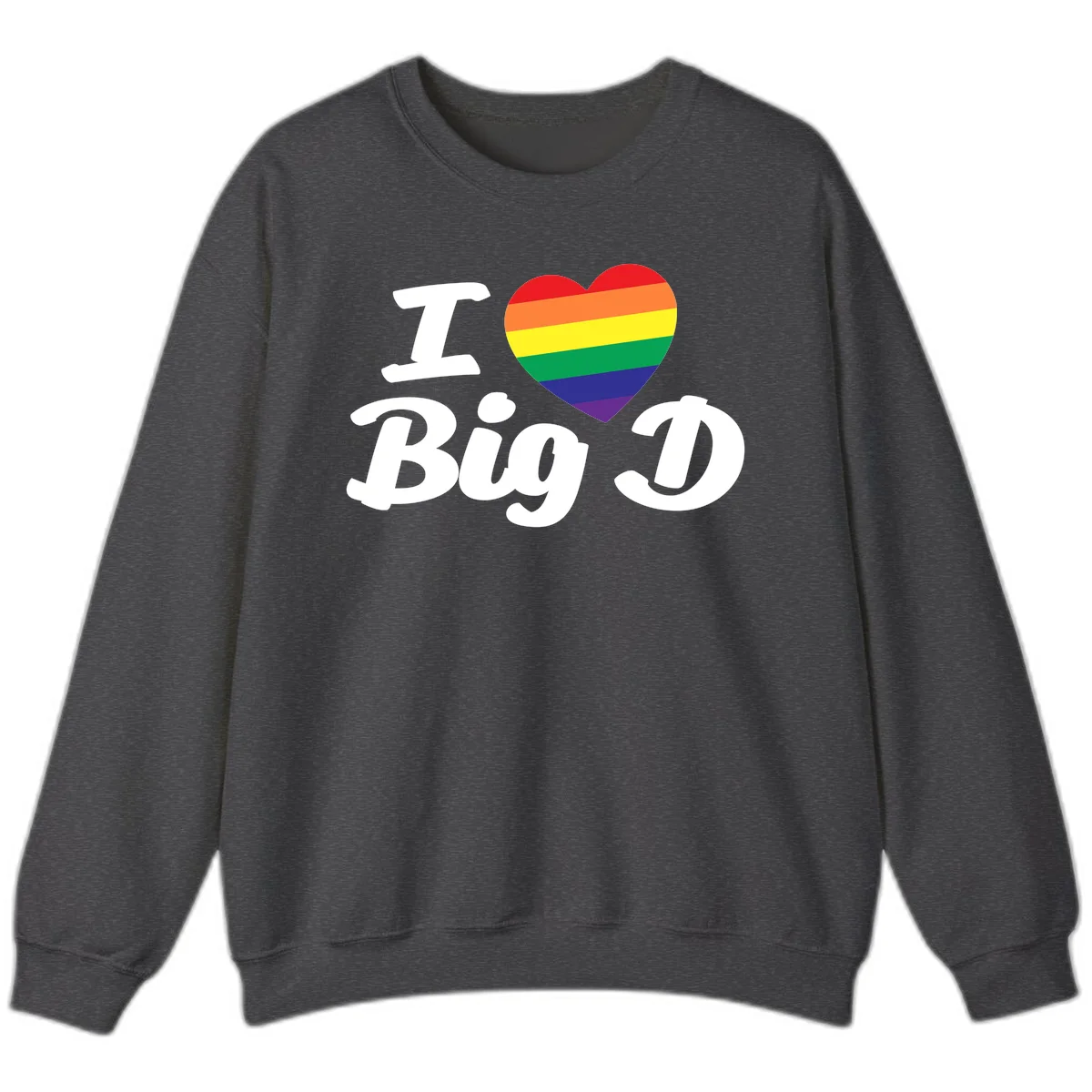 Big D pride love design with rainbow-striped heart and white text on gray background in Dark Heather