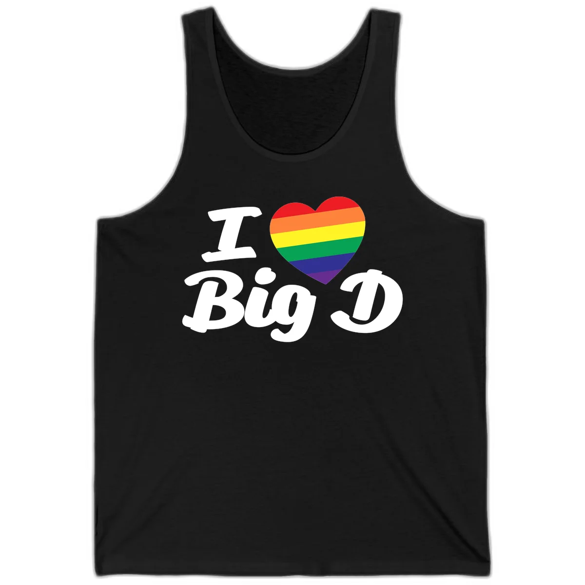 Big D pride love design with rainbow-striped heart and white text on gray background in Black