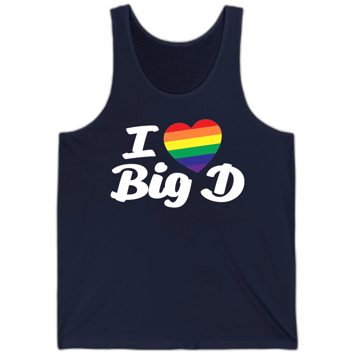 Big D pride love design with rainbow-striped heart and white text on gray background in Navy