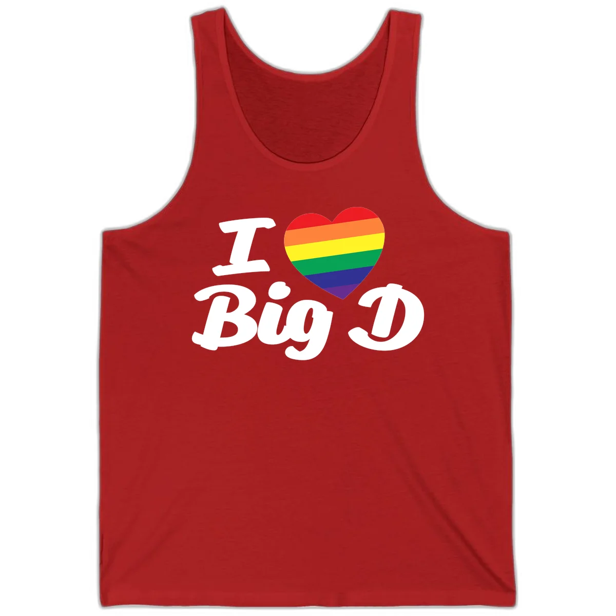 Big D pride love design with rainbow-striped heart and white text on gray background in Red