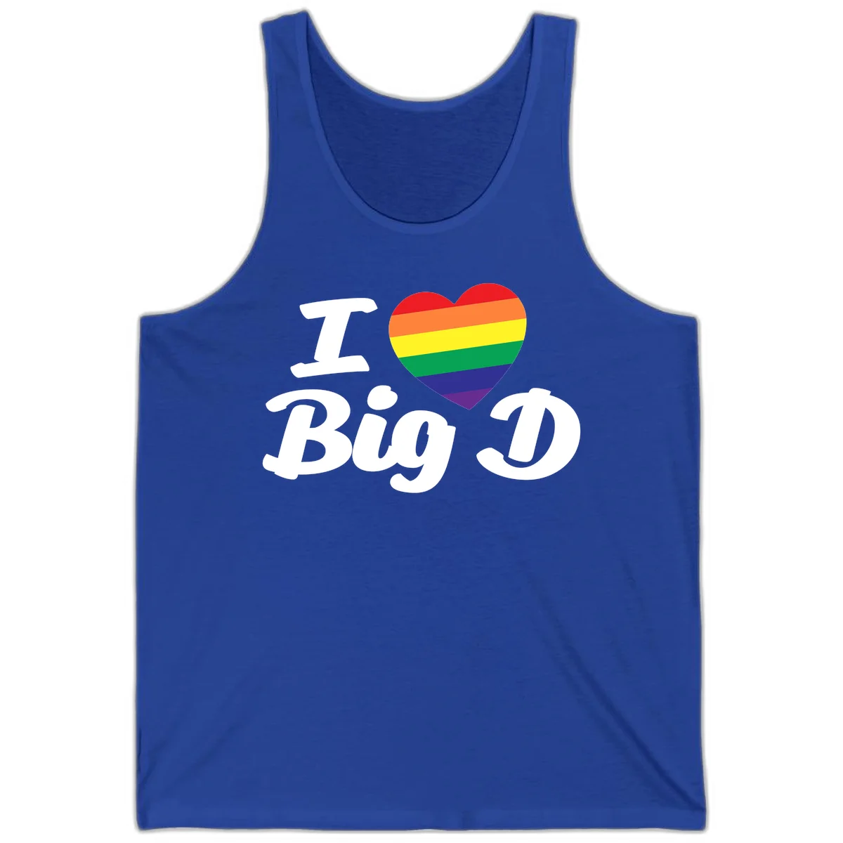 Big D pride love design with rainbow-striped heart and white text on gray background in True Royal