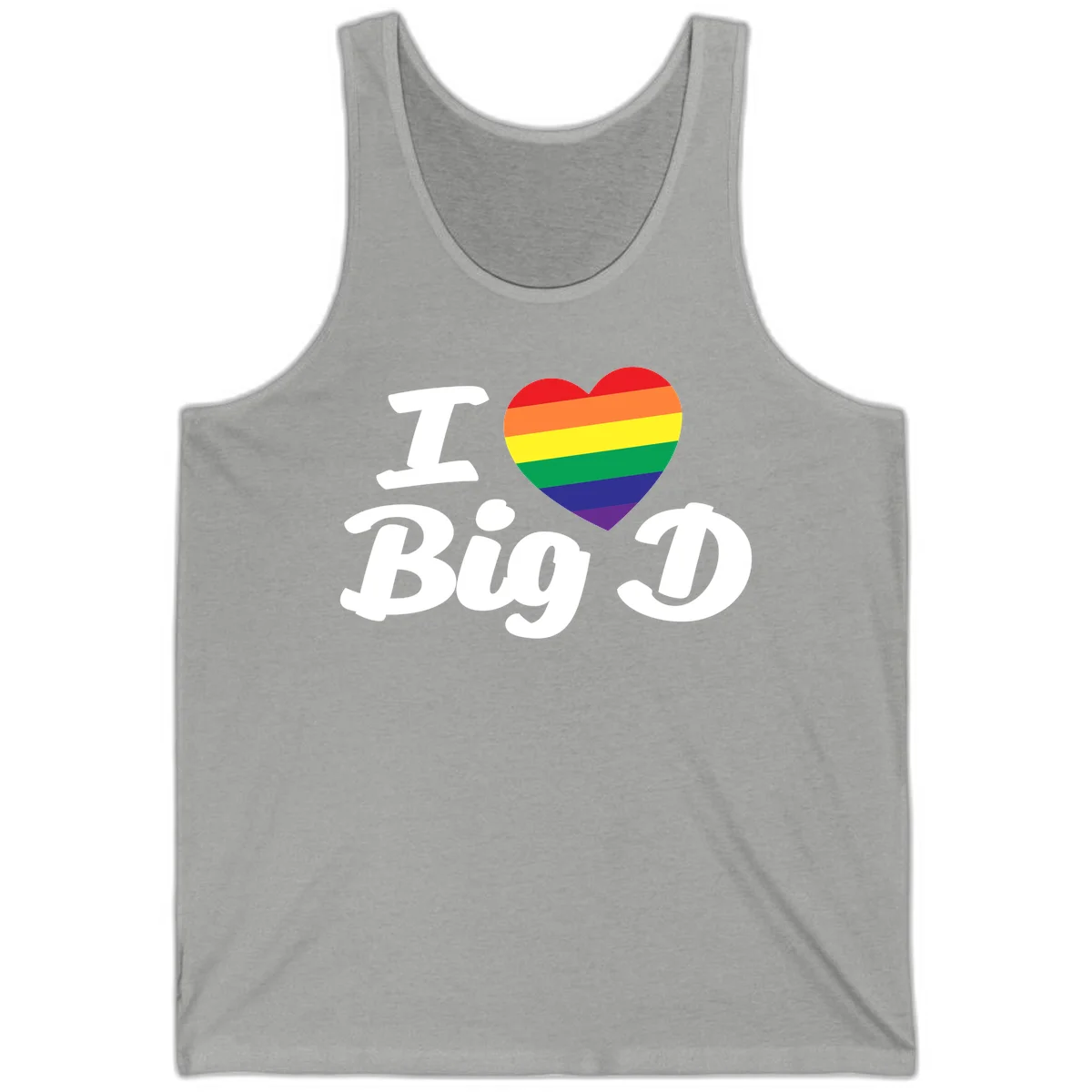 Big D pride love design with rainbow-striped heart and white text on gray background in Athletic Heather