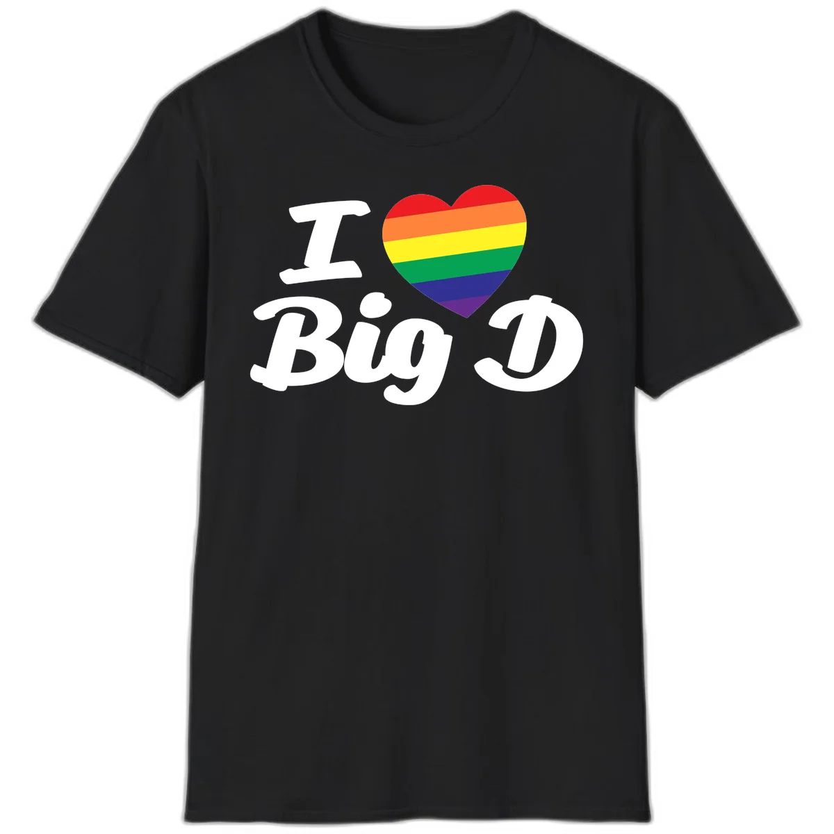 Big D pride love design with rainbow-striped heart and white text on gray background in Black
