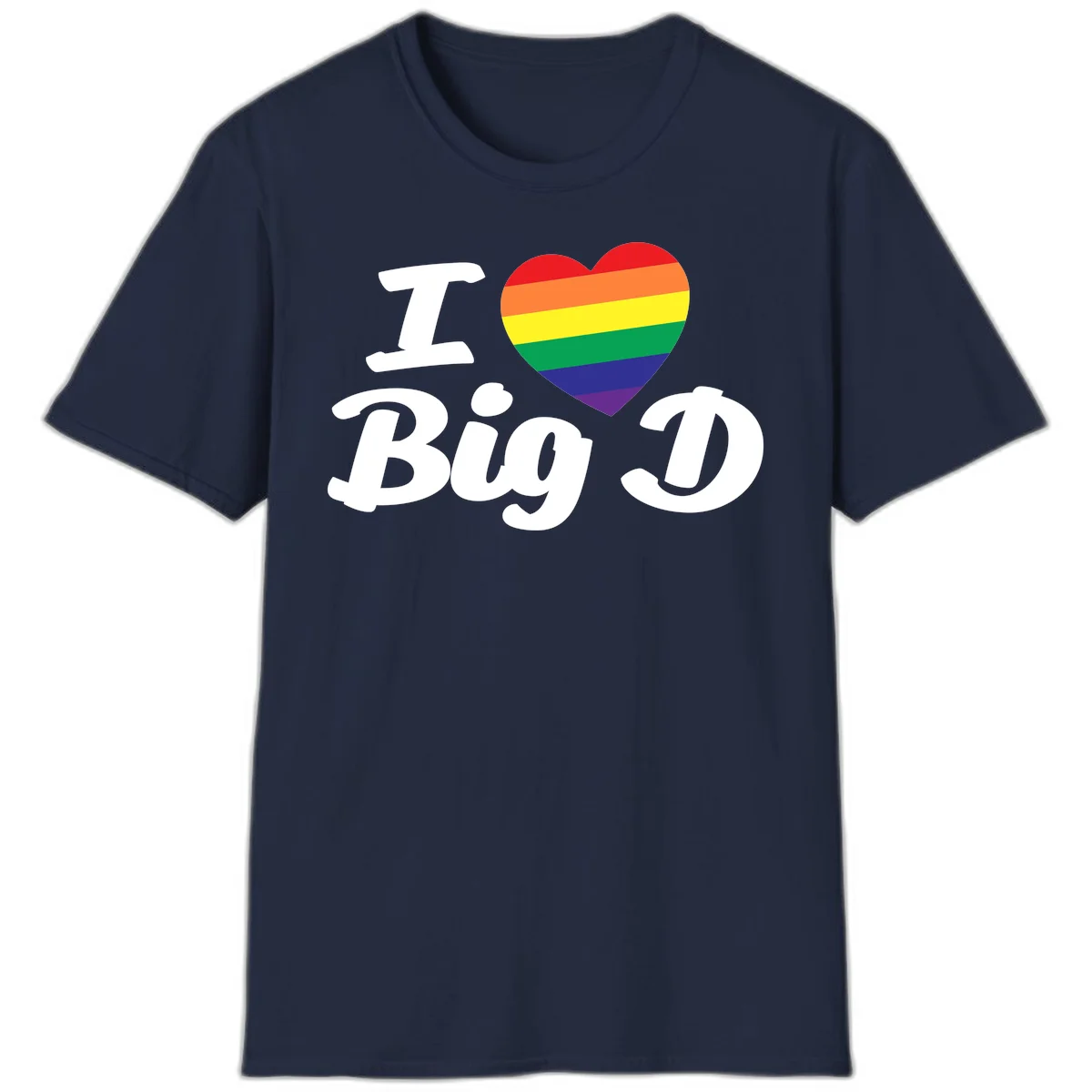 Big D pride love design with rainbow-striped heart and white text on gray background in Navy