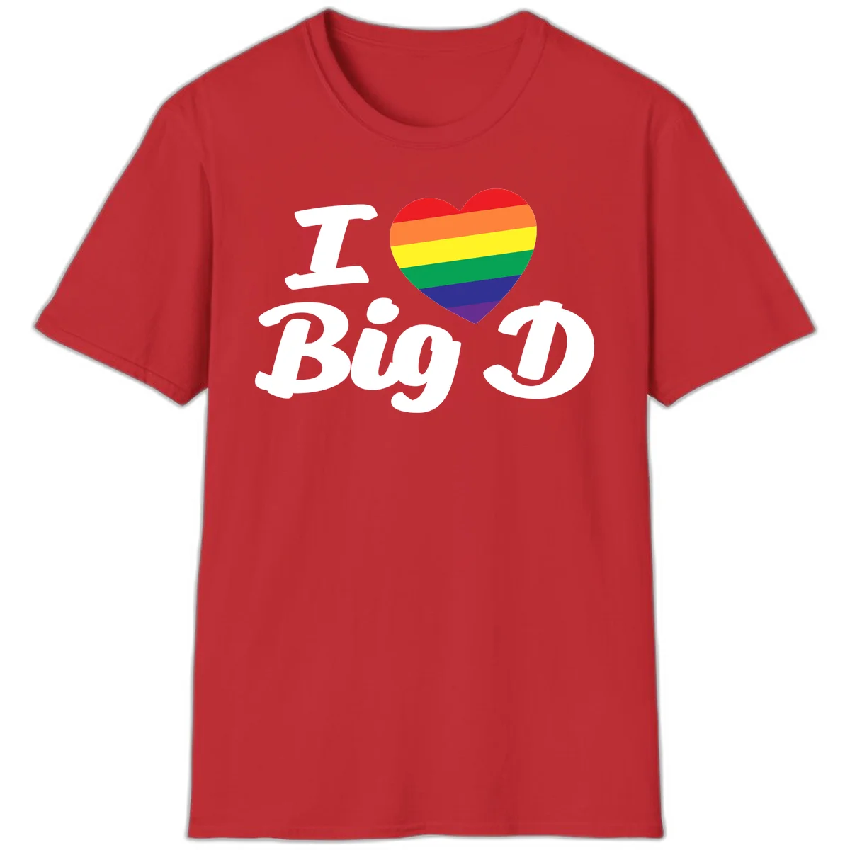 Big D pride love design with rainbow-striped heart and white text on gray background in Red
