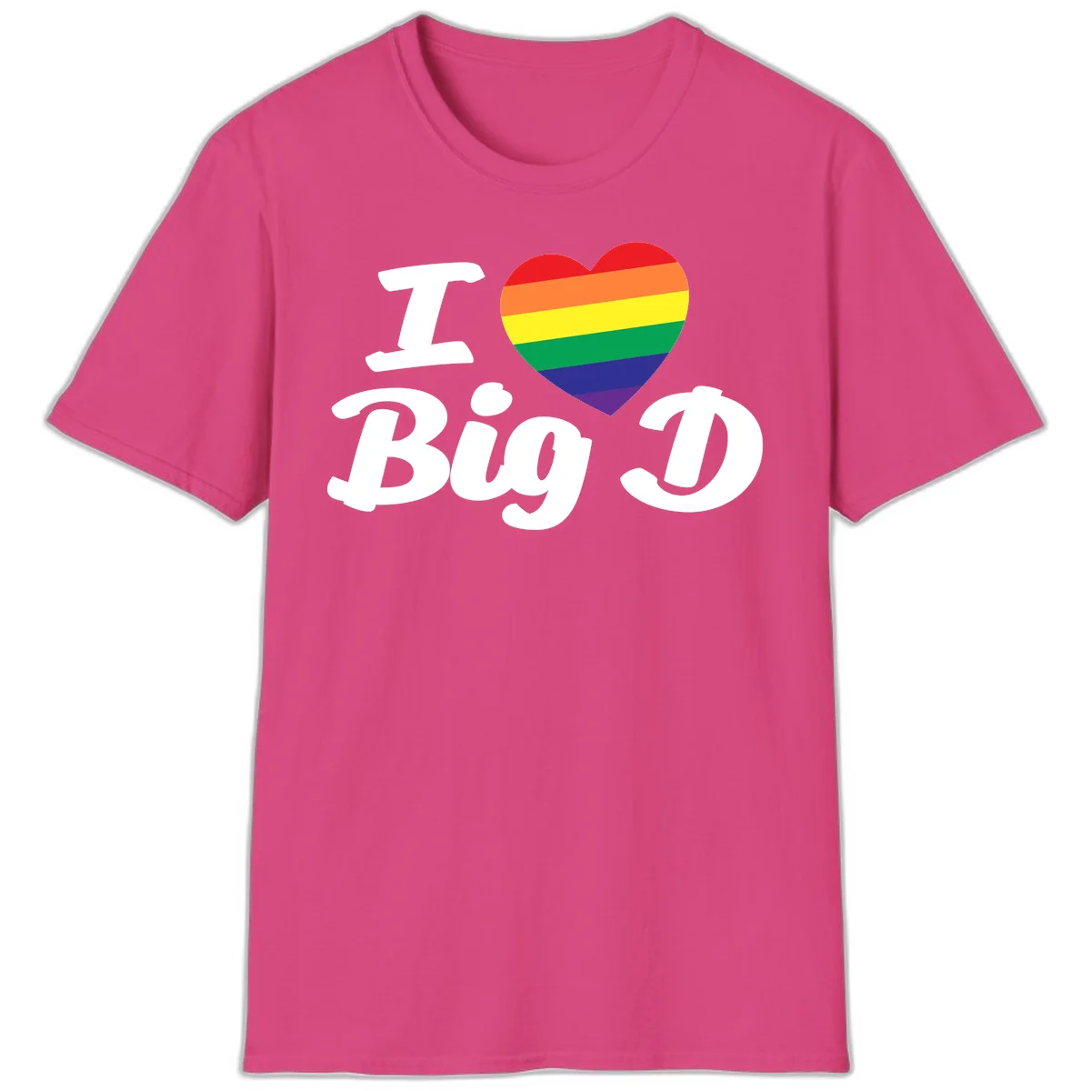 Big D pride love design with rainbow-striped heart and white text on gray background in Heliconia
