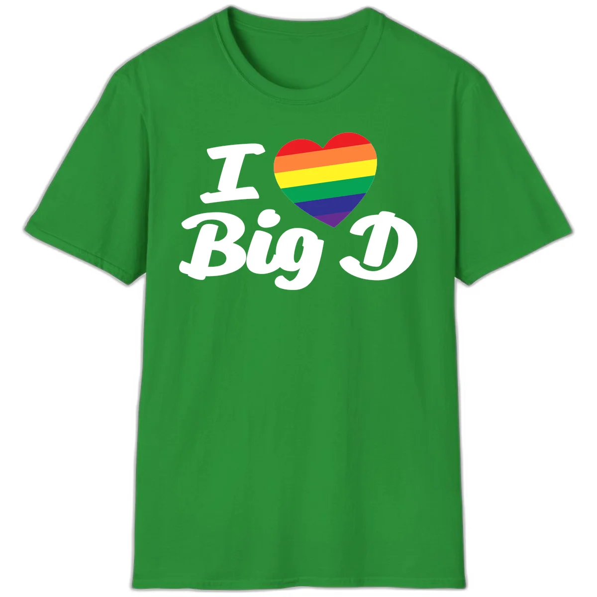 Big D pride love design with rainbow-striped heart and white text on gray background in Irish Green