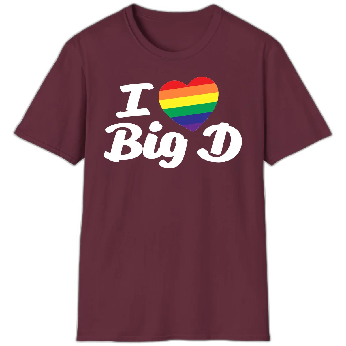 Big D pride love design with rainbow-striped heart and white text on gray background in Maroon