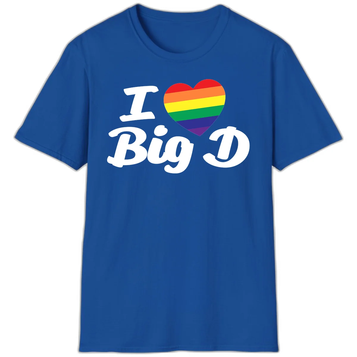 Big D pride love design with rainbow-striped heart and white text on gray background in Royal