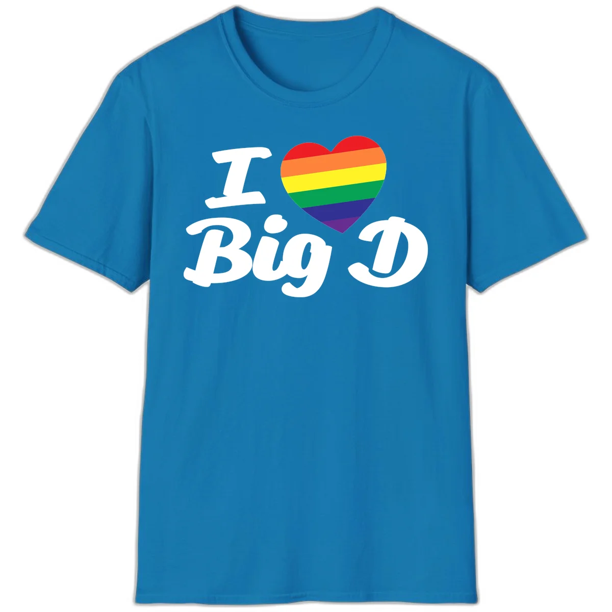 Big D pride love design with rainbow-striped heart and white text on gray background in Sapphire