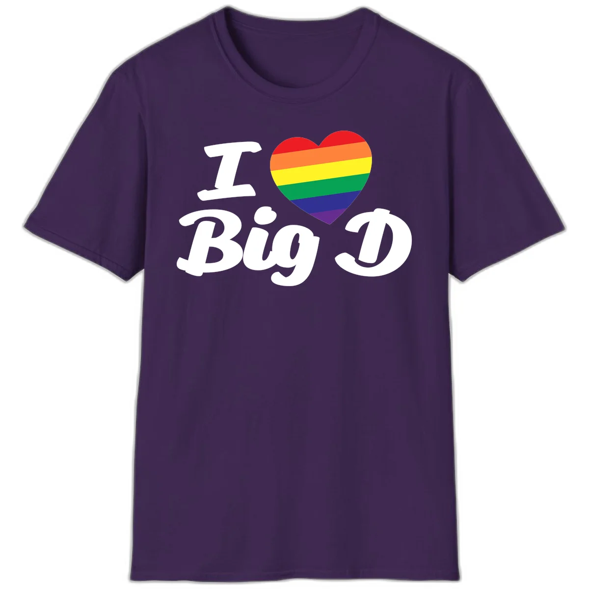 Big D pride love design with rainbow-striped heart and white text on gray background in Purple