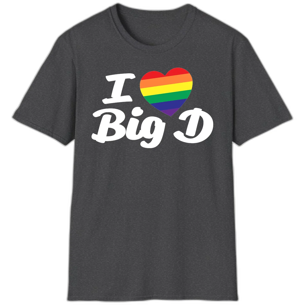 Big D pride love design with rainbow-striped heart and white text on gray background in Dark Heather