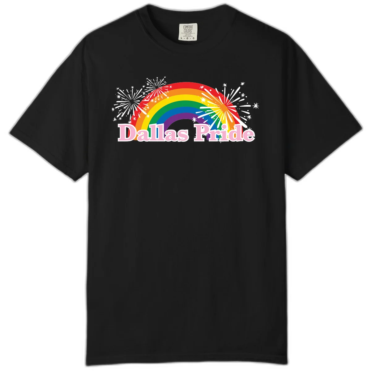 Dallas Pride design with rainbow arc, white fireworks bursts, and pink text on gray background in Black