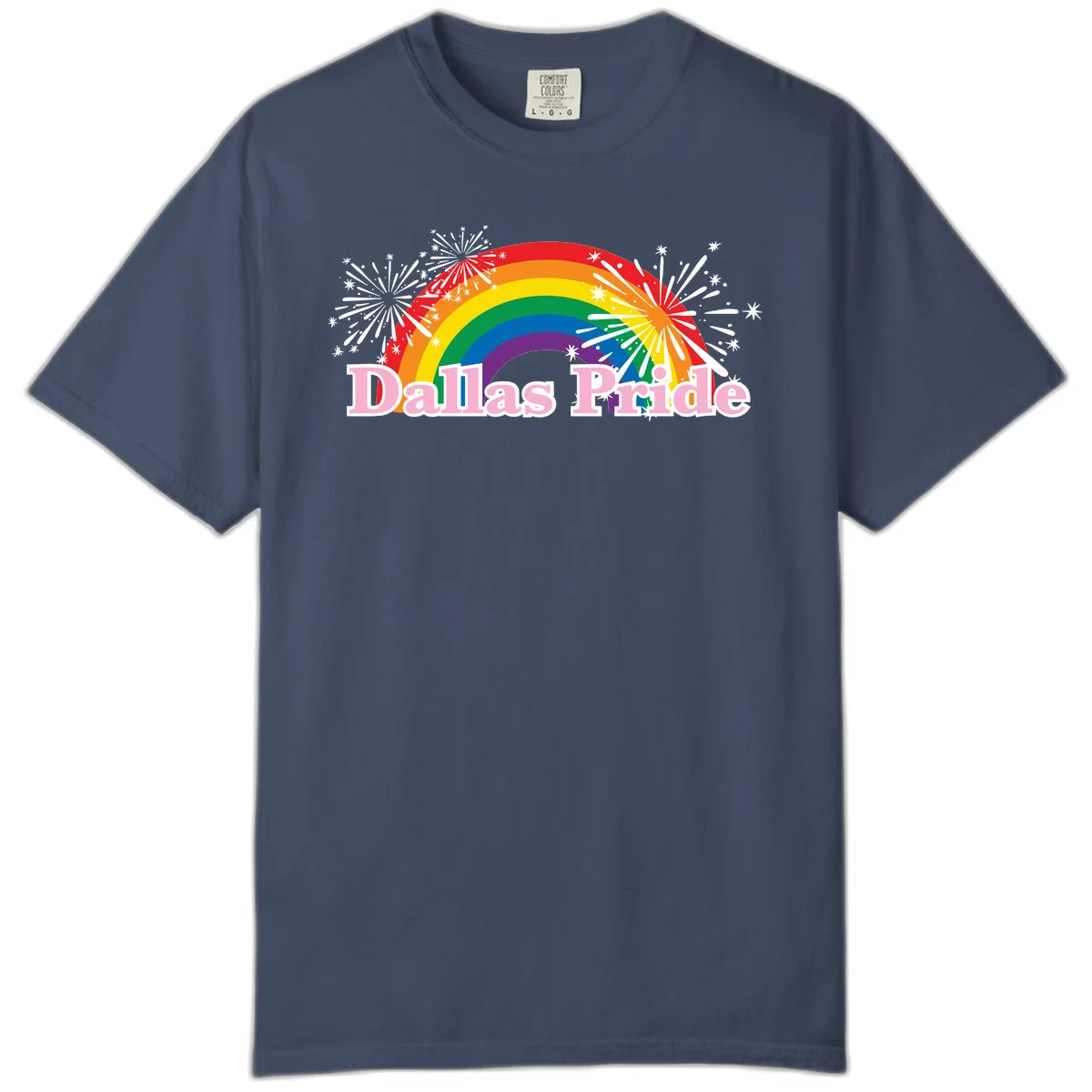 Dallas Pride design with rainbow arc, white fireworks bursts, and pink text on gray background in Midnight