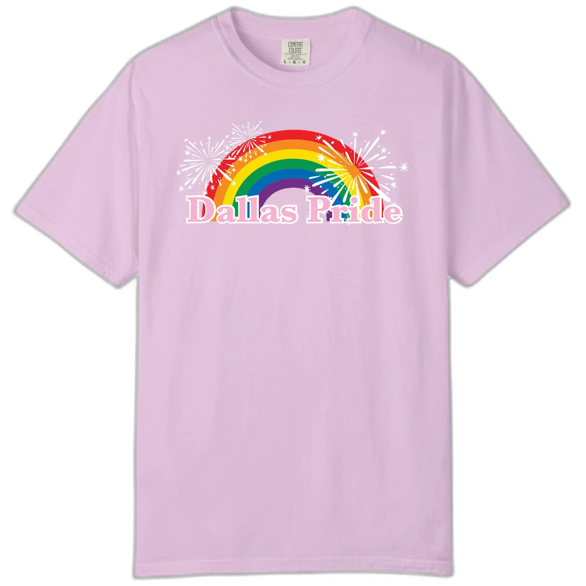 Dallas Pride design with rainbow arc, white fireworks bursts, and pink text on gray background in Orchid