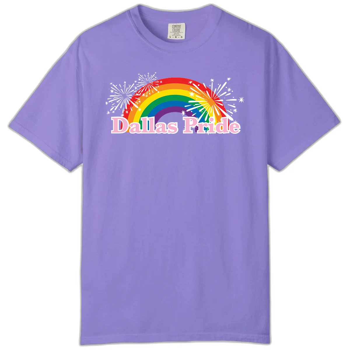Dallas Pride design with rainbow arc, white fireworks bursts, and pink text on gray background in Violet