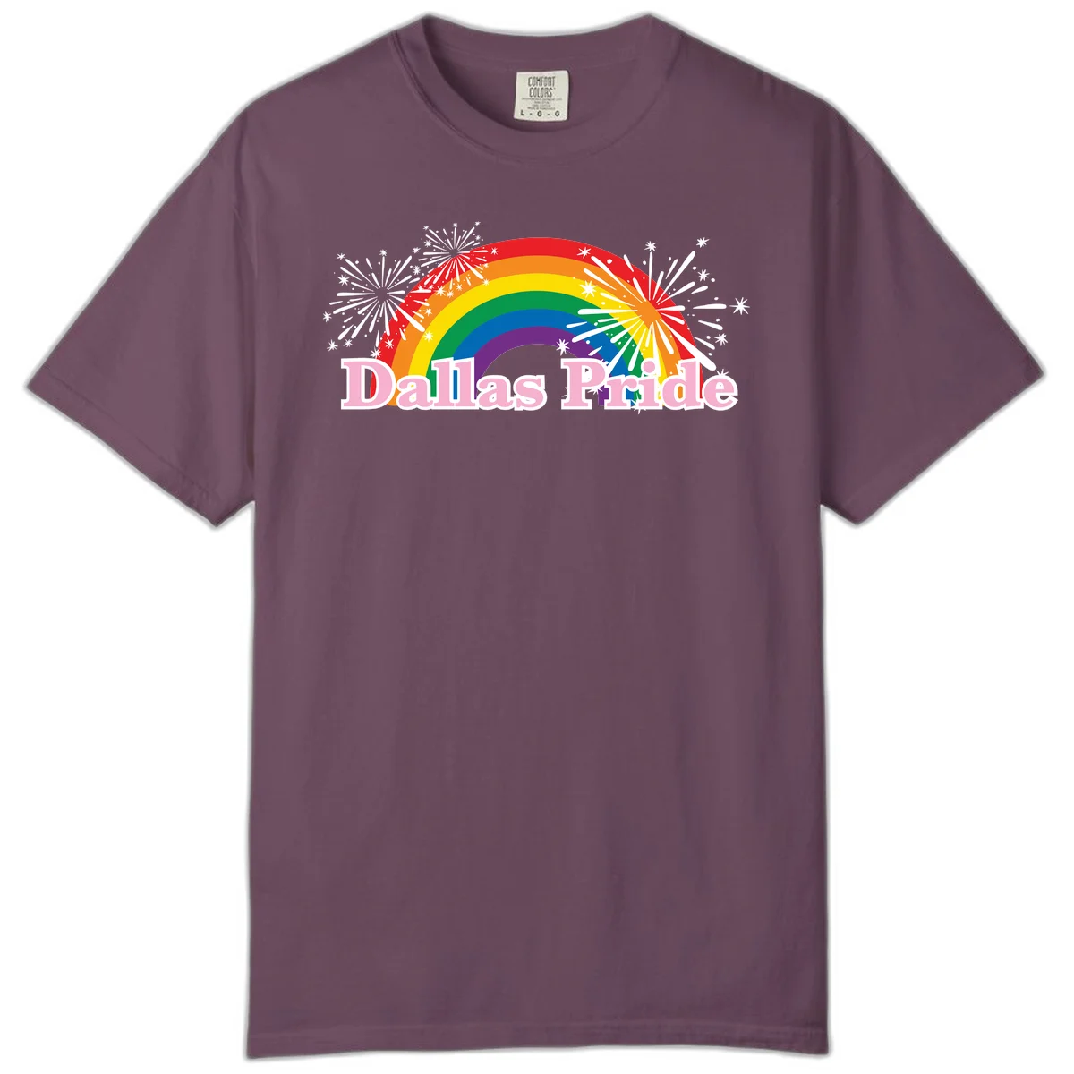 Dallas Pride design with rainbow arc, white fireworks bursts, and pink text on gray background in Berry