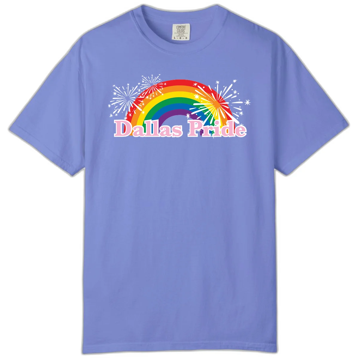 Dallas Pride design with rainbow arc, white fireworks bursts, and pink text on gray background in Flo Blue