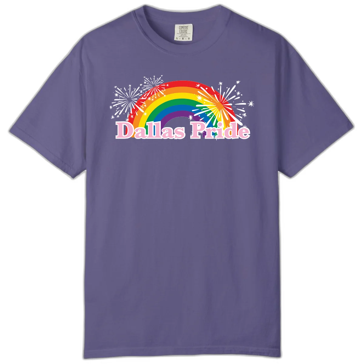 Dallas Pride design with rainbow arc, white fireworks bursts, and pink text on gray background in Grape