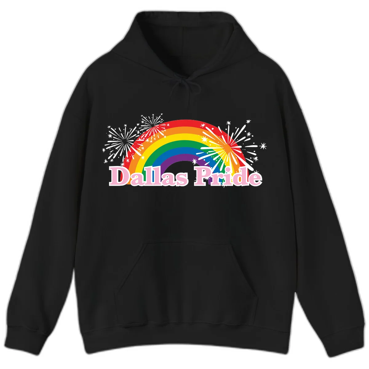 Dallas Pride design with rainbow arc, white fireworks bursts, and pink text on gray background in Black