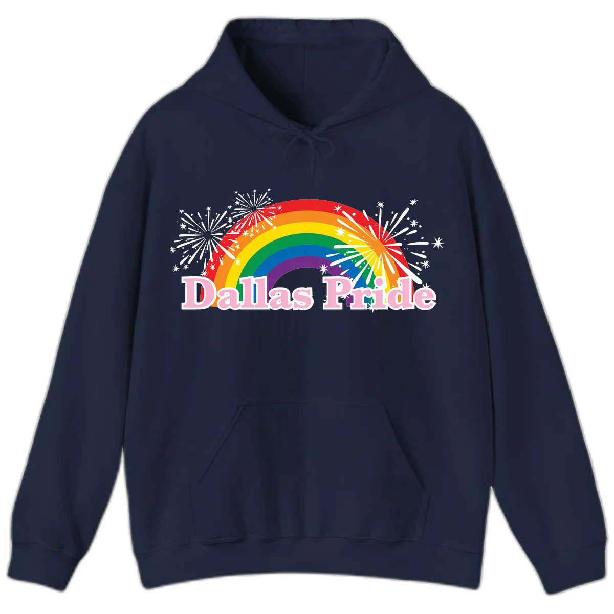 Dallas Pride design with rainbow arc, white fireworks bursts, and pink text on gray background in Navy