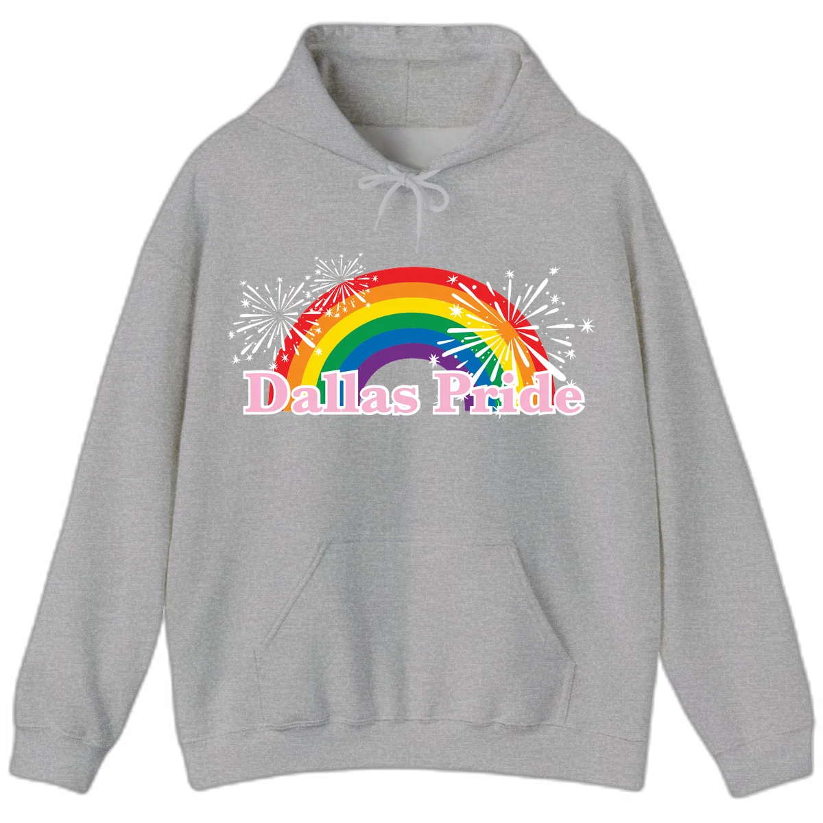 Dallas Pride design with rainbow arc, white fireworks bursts, and pink text on gray background in Sport Grey