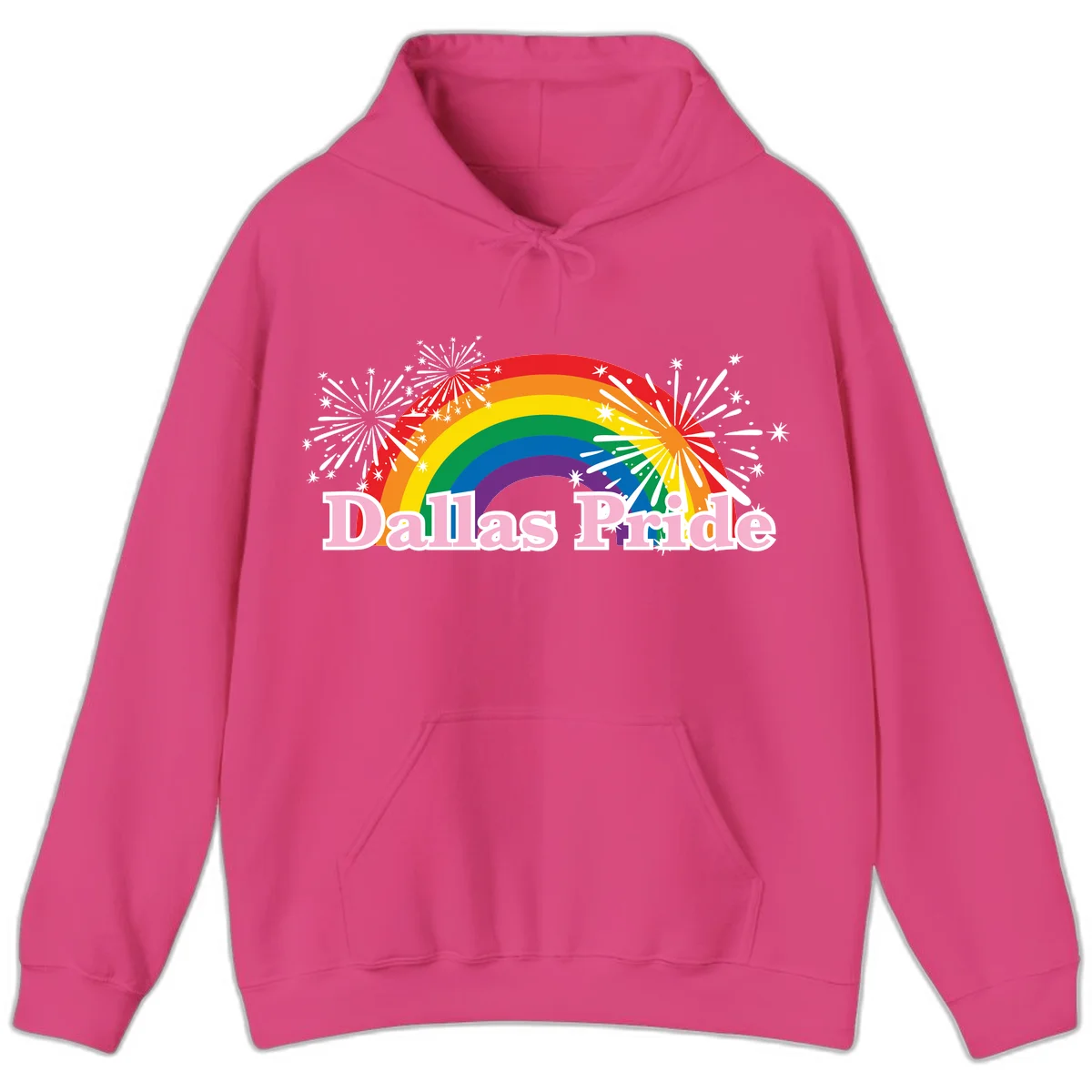 Dallas Pride design with rainbow arc, white fireworks bursts, and pink text on gray background in Heliconia