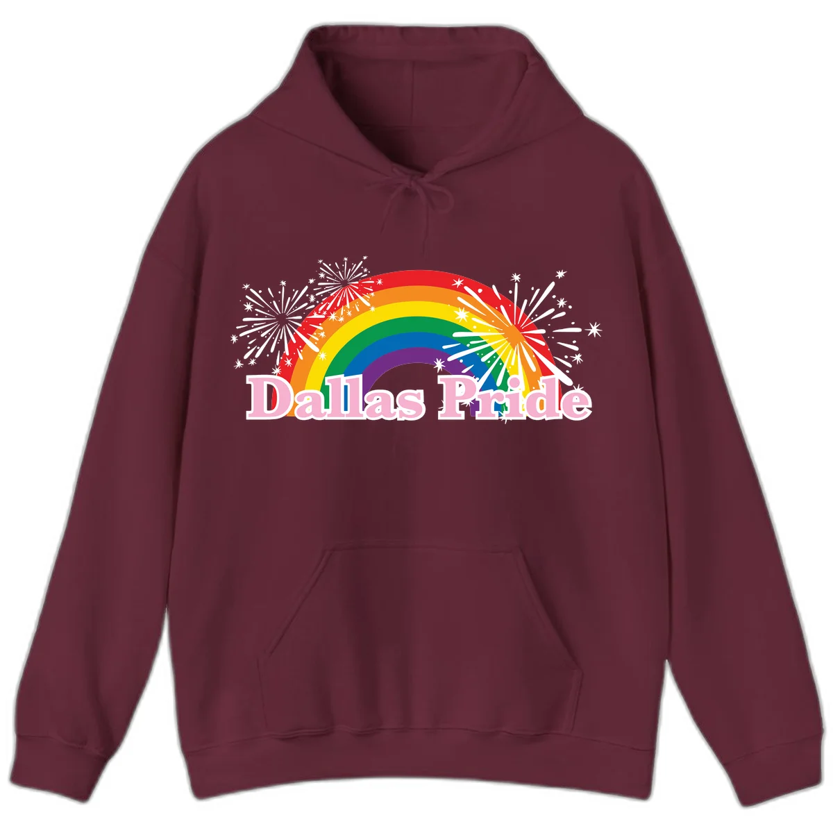 Dallas Pride design with rainbow arc, white fireworks bursts, and pink text on gray background in Maroon