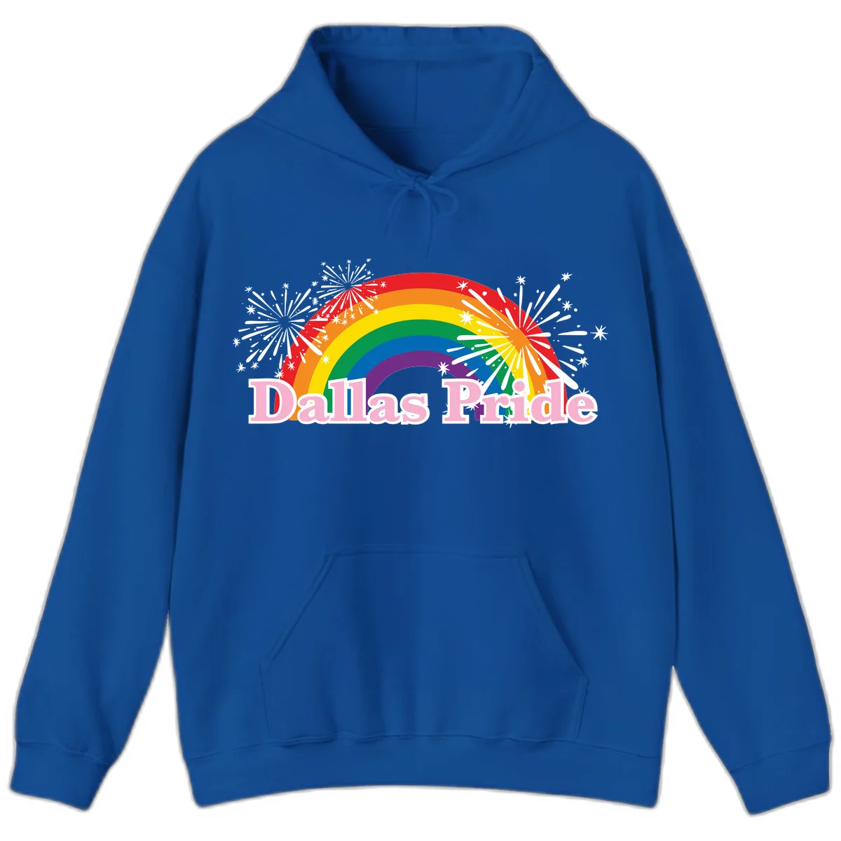 Dallas Pride design with rainbow arc, white fireworks bursts, and pink text on gray background in Royal