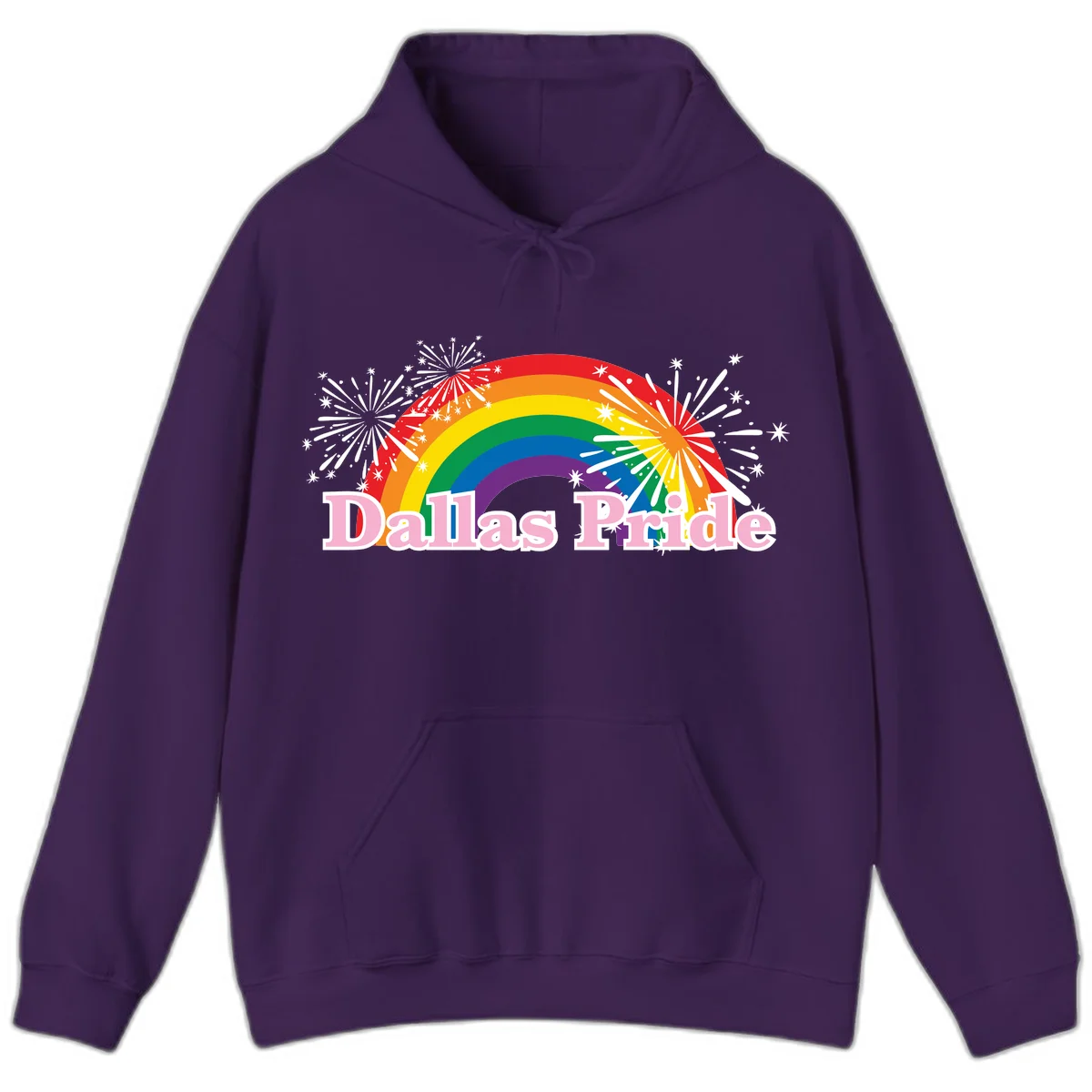 Dallas Pride design with rainbow arc, white fireworks bursts, and pink text on gray background in Purple