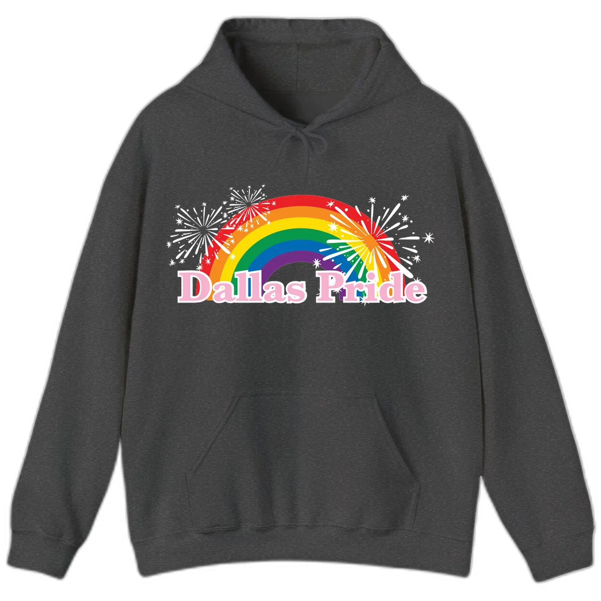 Dallas Pride design with rainbow arc, white fireworks bursts, and pink text on gray background in Dark Heather