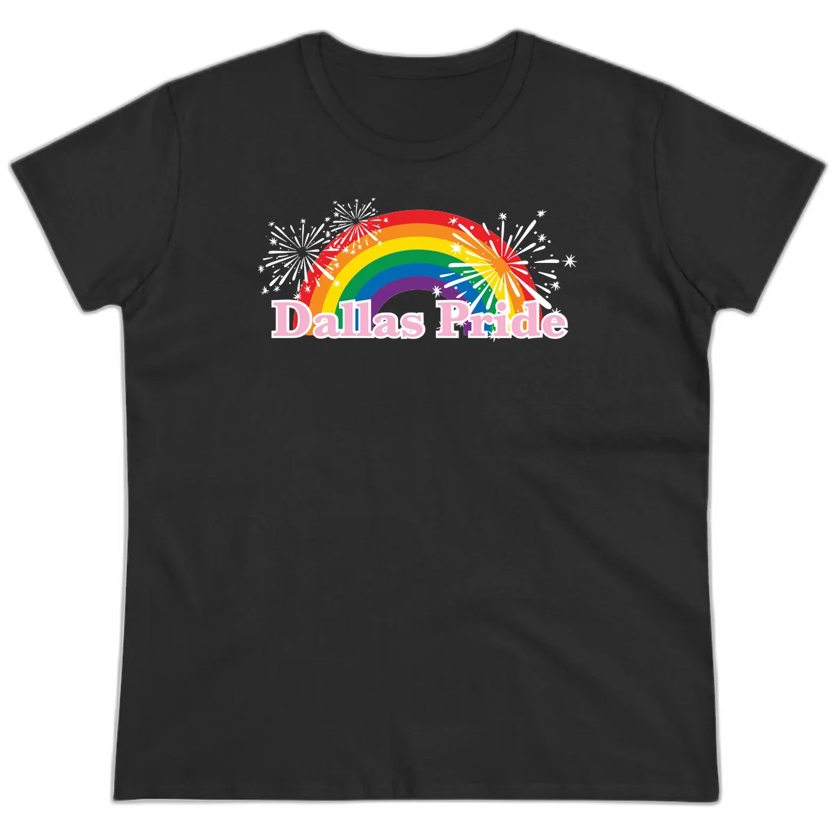 Dallas Pride design with rainbow arc, white fireworks bursts, and pink text on gray background in Black