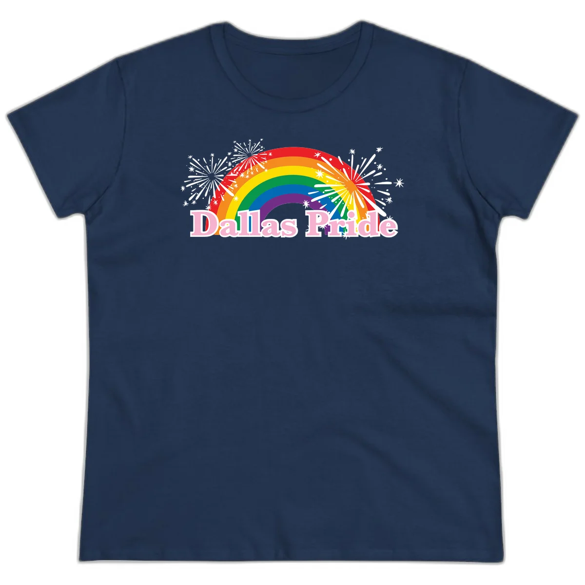 Dallas Pride design with rainbow arc, white fireworks bursts, and pink text on gray background in Navy