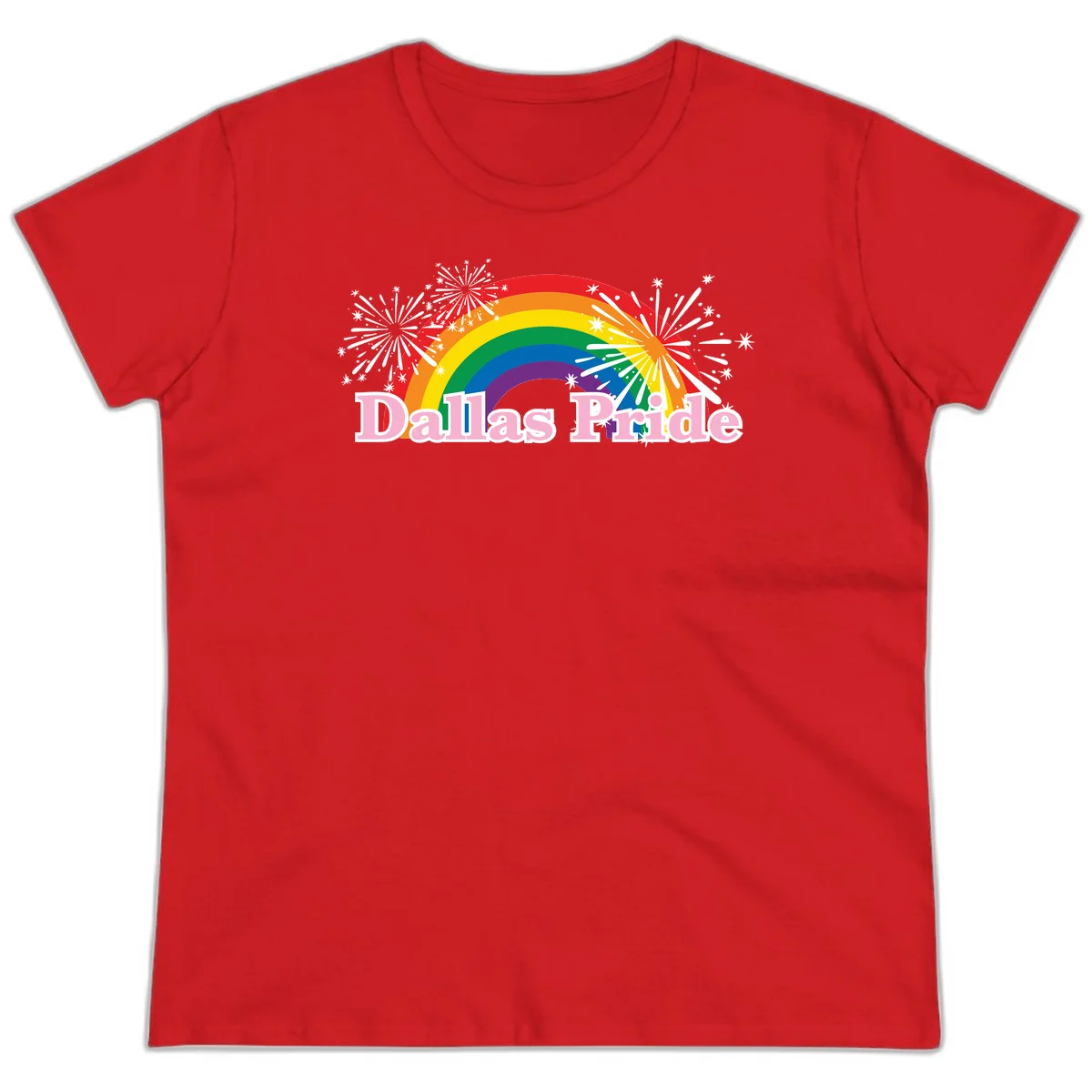Dallas Pride design with rainbow arc, white fireworks bursts, and pink text on gray background in Red