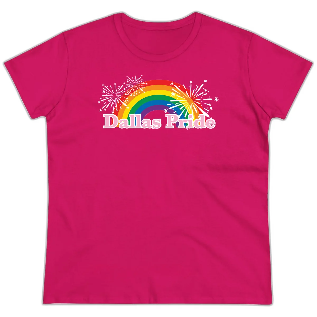 Dallas Pride design with rainbow arc, white fireworks bursts, and pink text on gray background in Heliconia