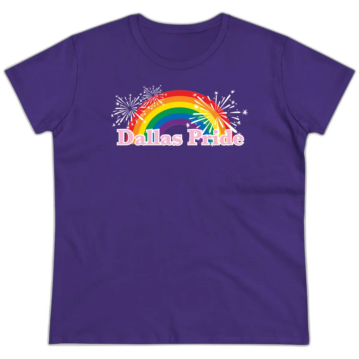 Dallas Pride design with rainbow arc, white fireworks bursts, and pink text on gray background in Purple